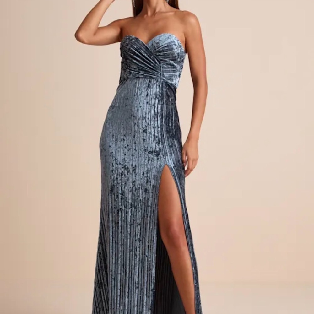 Lulu's Slate Blue Strapless Velvet Gown with High Slit